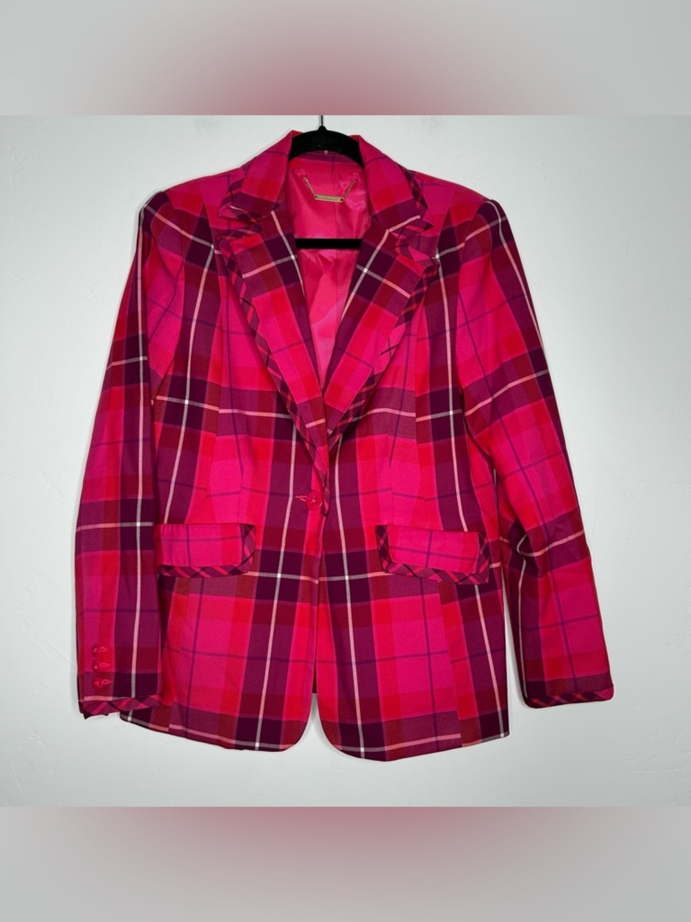 NWT Trina Turk Hot Pink Purple Plaid‎ Single-Button Blazer SZ 10 Clueless Office